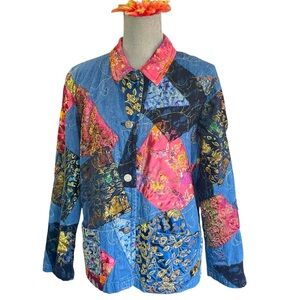 Chico's Asian Silk Patchwork Denim Jacket Misses Chicos Size 2 (12)Colorful Silk